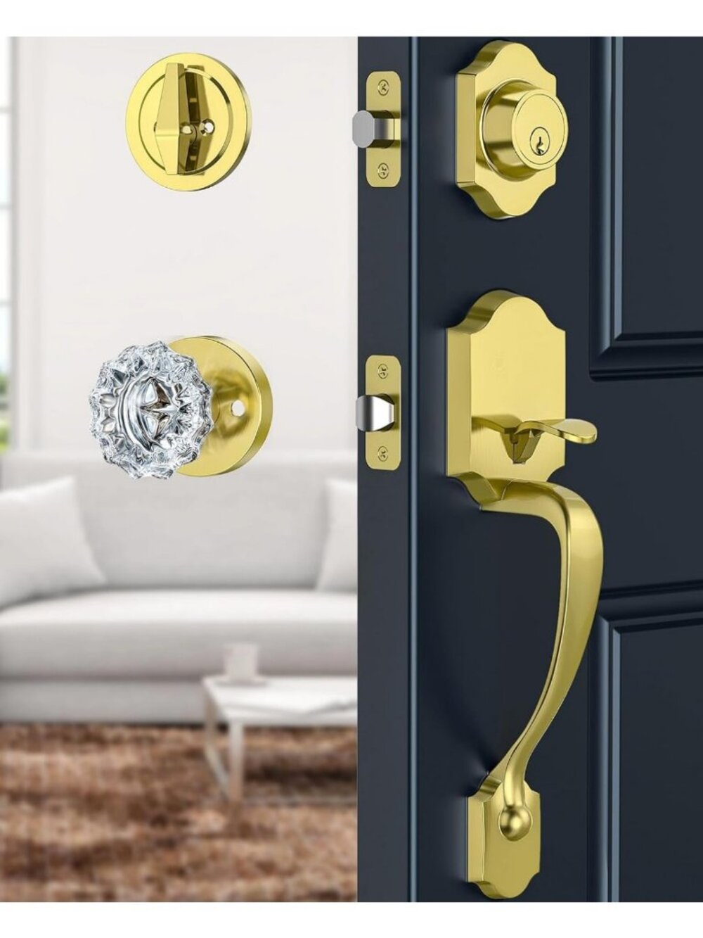 Elegant Brushed Gold Front Door Lock Set with Classic Glass Knob - Secure